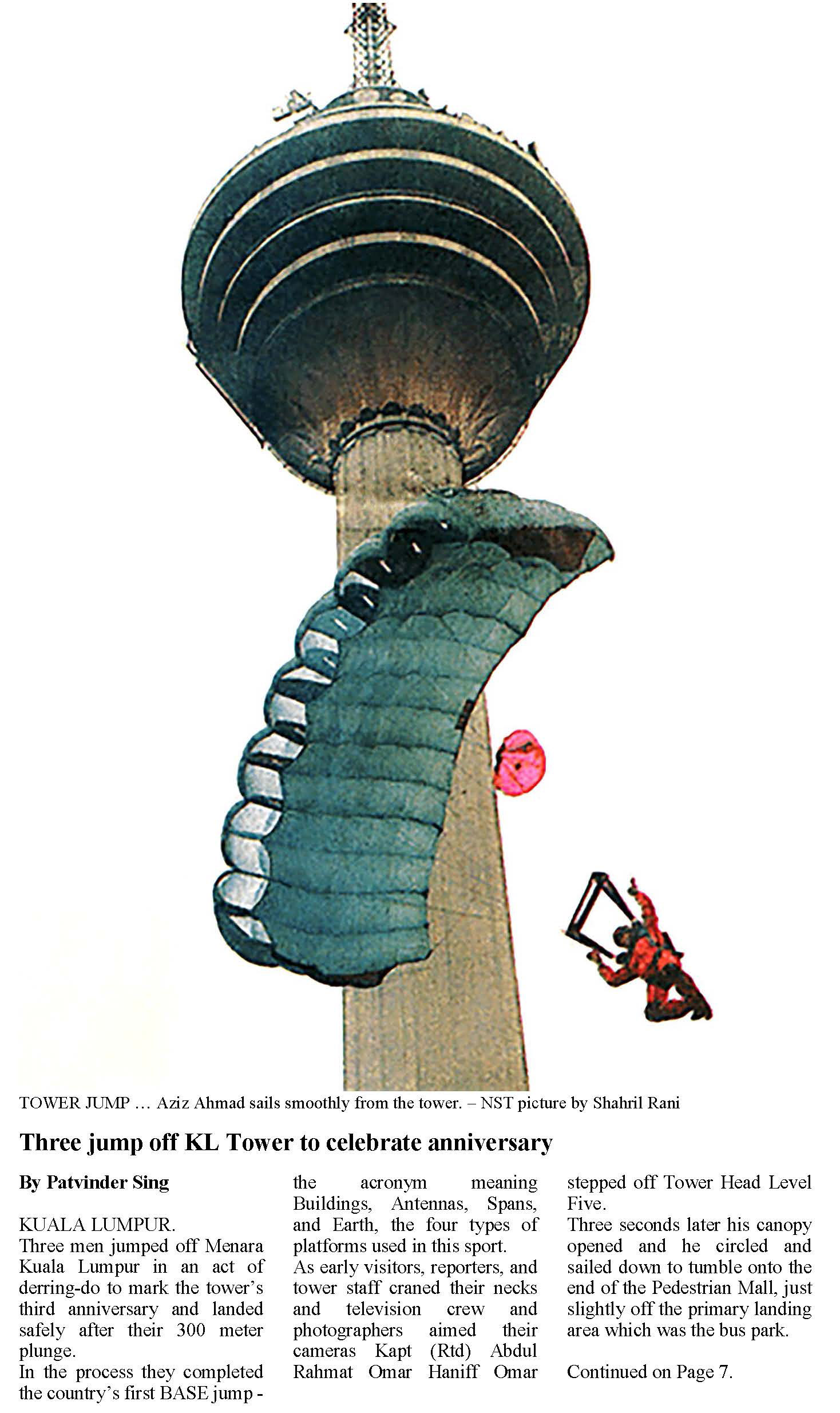 KL Tower BASE Jump 1999 New Straits Times Article Page 1