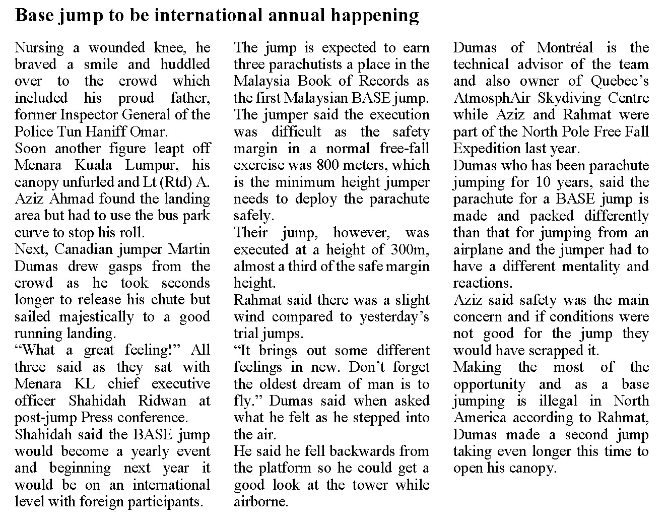KL Tower BASE Jump 1999 New Straits Times Article Page 7