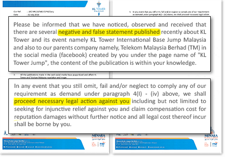 Letter from KL Tower CEO Datuk Rozlan Mohamed threatening legal action for exposing KL Tower ban on Sibu BASE jumpers as stated by their representative Avery Badenhop
