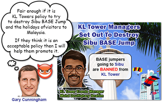 Helping to promote KL Tower's new event policy that their new representative Avery Badenhop had sent Sibu BASE Jump 2018 participants.